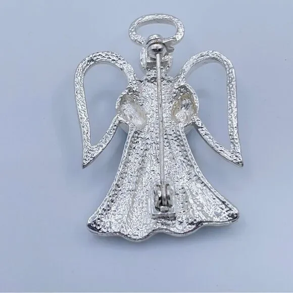 Angle Brooch Silver Tone Blue Swirl Enamel Heart Charm Faux Pearl Halo Wings - Picture 9 of 10